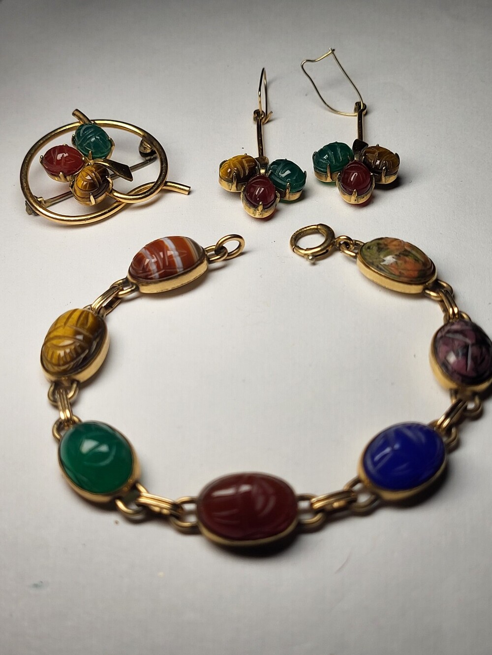 W.R.E. Vintage Multicolor, 12K GF Egyptian Revival Scarab Stone Demi Parure Set